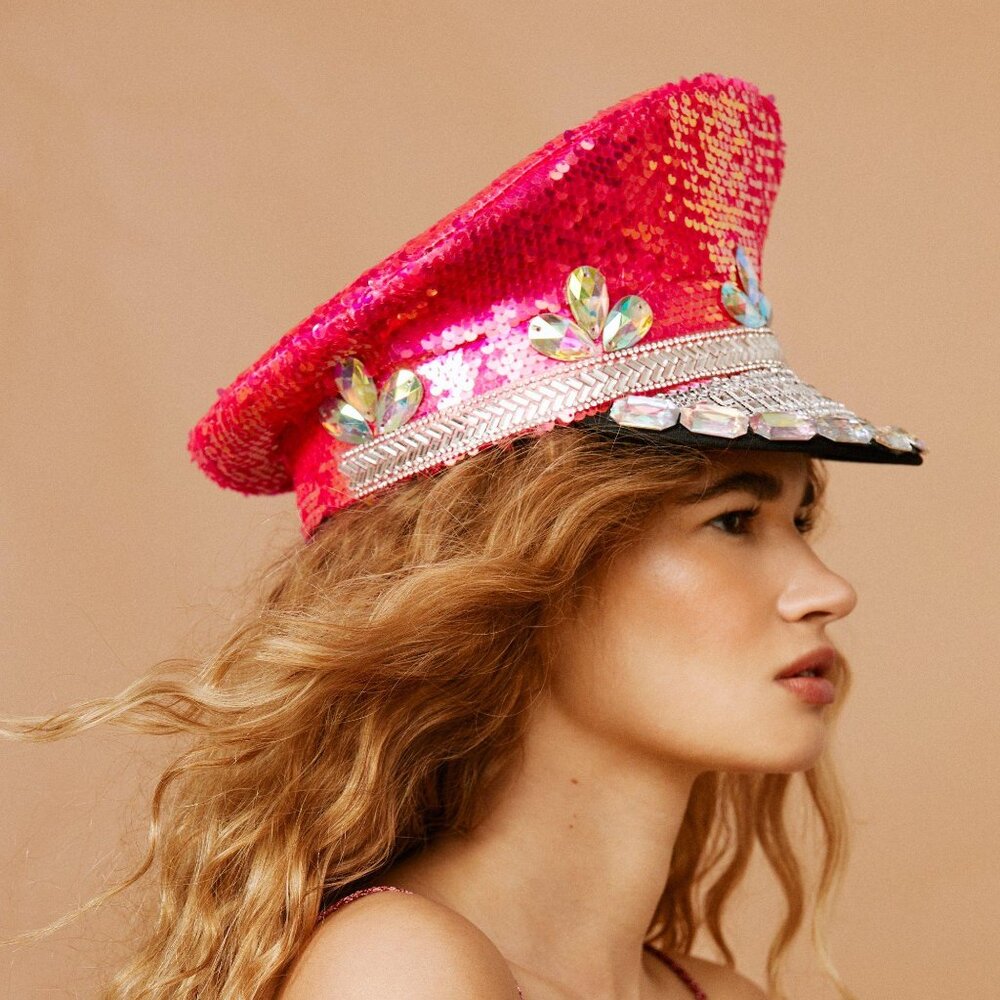 Hot Pink Sequin Rhinestone Captain Hat | Festival Hat | Statement Piece - Picture 3 of 4
